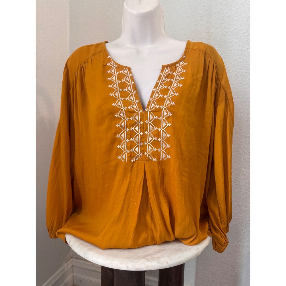 Dolan Left Coast Collection Mustard Yellow Embroidered Boho Peasant Blouse Sz M